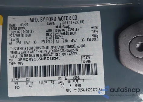 2022 Ford Bronco Sport Outer Banks z USA, uszkodzony, nr VIN 3FMCR9C65NRD38343